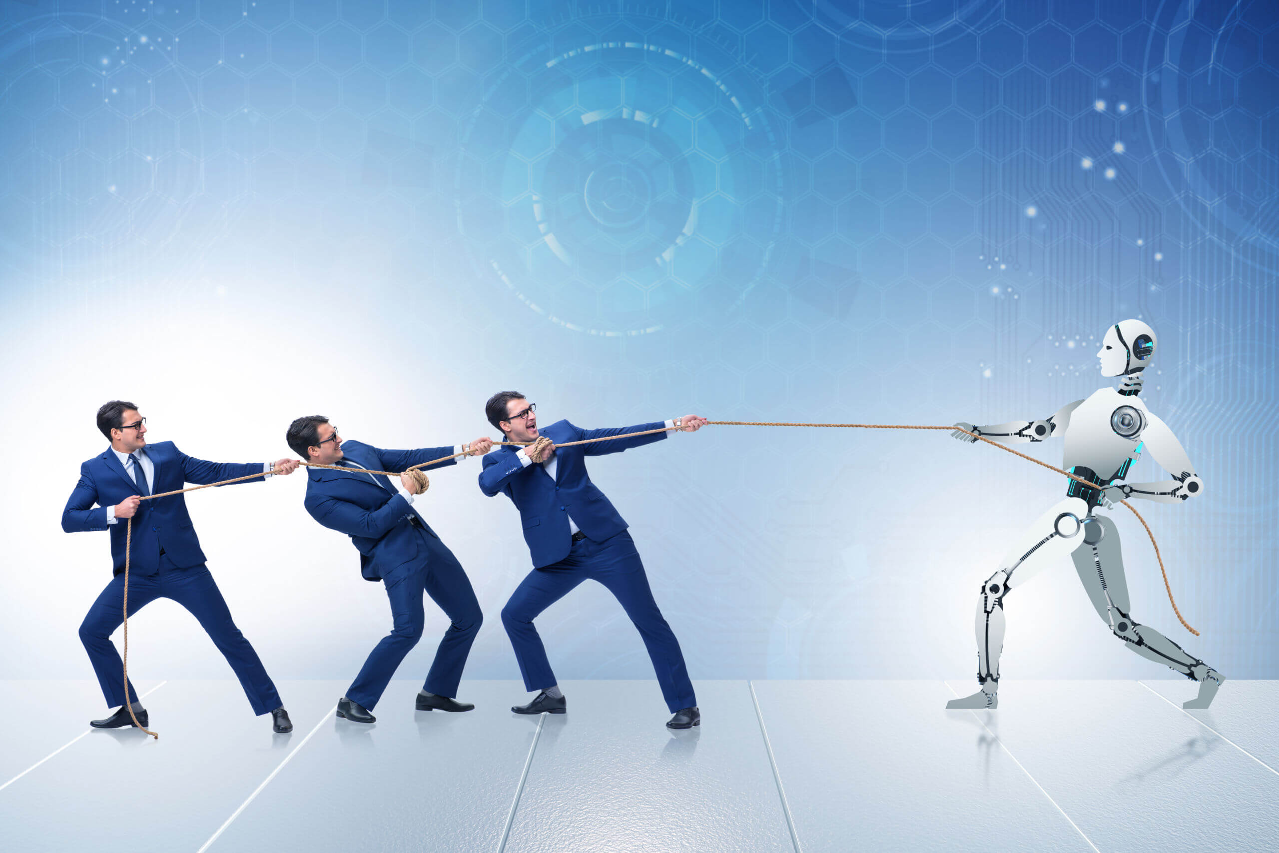Competition,Between,Humans,And,Robots,In,Tug,Of,War,Concept Three Man in Suits pulling rope with a Robot