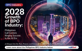 A man looks on a modern building. Image caption reads: 2028 Growth of Philippine BPO Industry