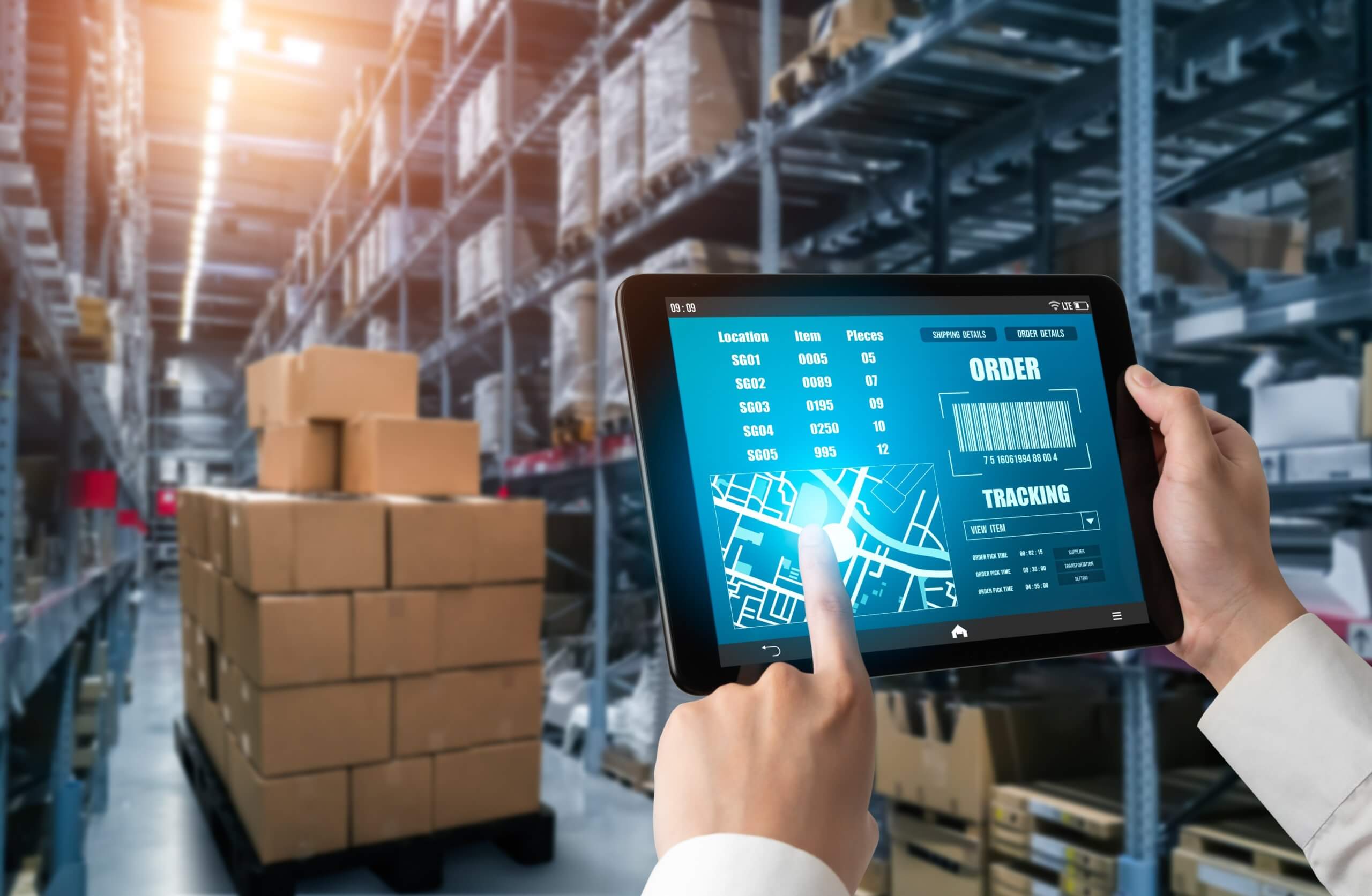 Warehouse,Management,Innovative,Software,In,Computer,For,Real,Time,Monitoring Scanning Inventory in Tablet, Warehouse Background