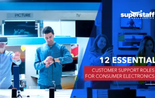 Four people are checking tech gadgets, waiting patiently for Consumer Electronics Customer Support.