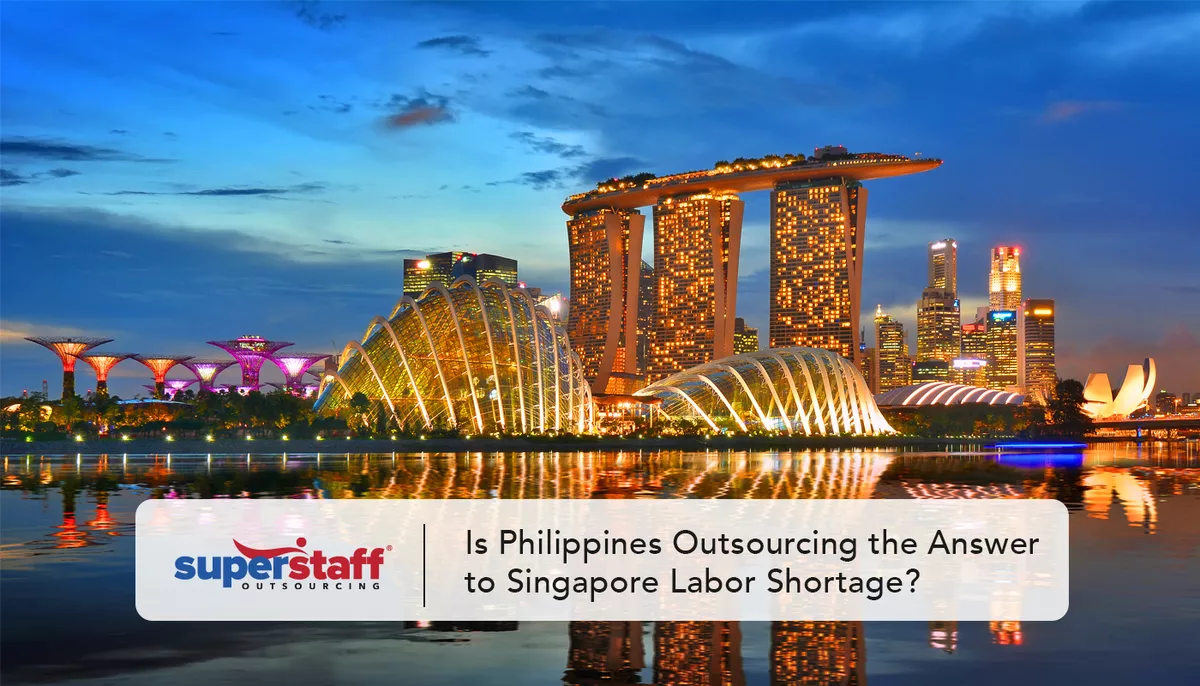 Featured-Image An image shows The Lion City at night with a caption saying Is Philippines Outsourcing the Answer to Singapore Labor Shortage.