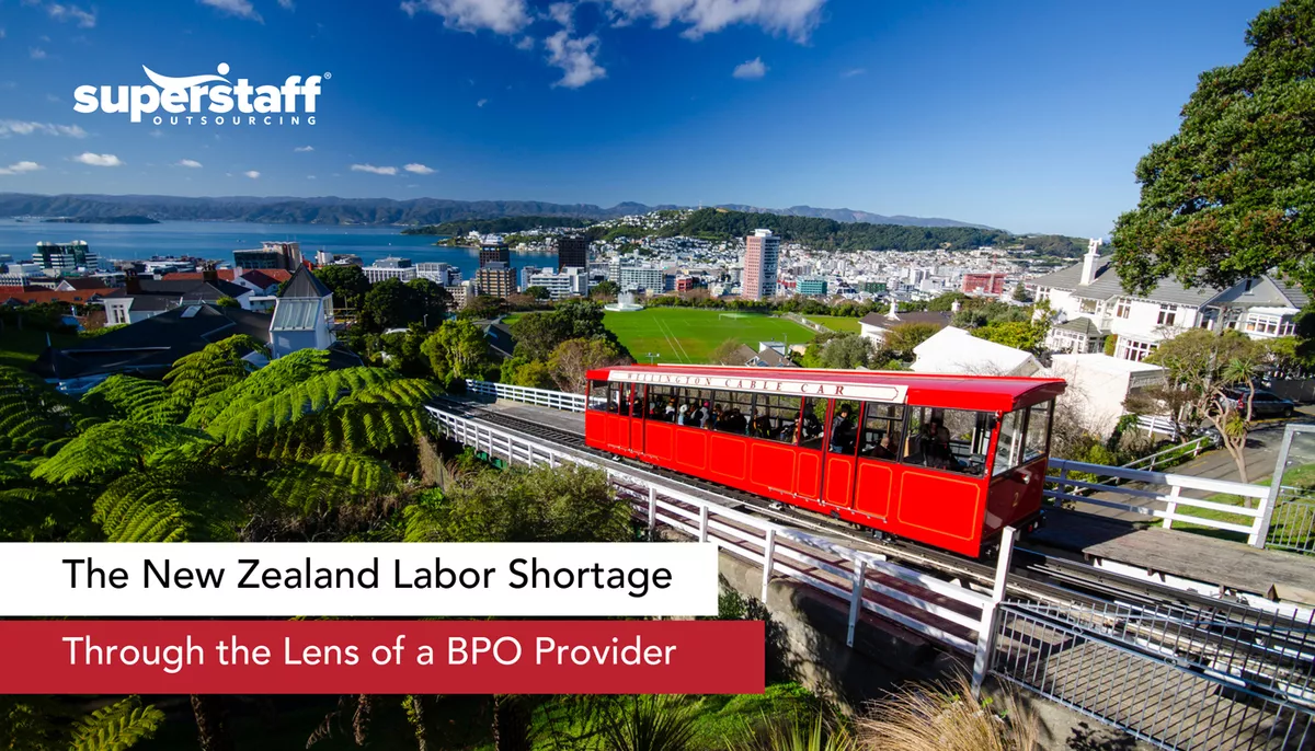 Featured-Image An image shows New Zealand city center. Caption says New Zealand labor shortage in the lens of a BPO provider.
