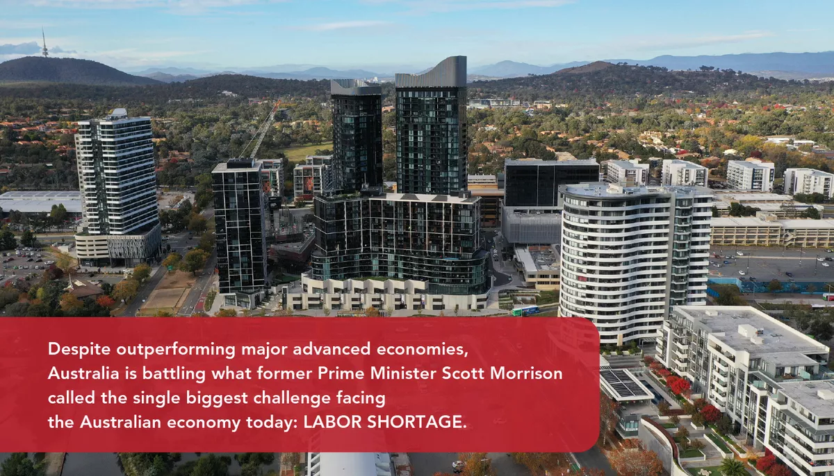 Labor-Shortage An image shows the Republic Complex in Canberra with a caption describing the labor shortage in Australia.