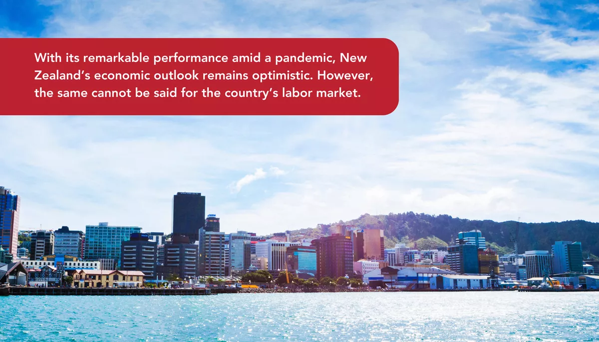 New-Zealand’s-economic-outlook An image shows ocean view of New Zealand's capital city. The caption says New Zealand labor shortage hinders country's full pandemic recovery.