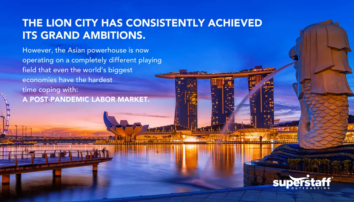 The-Lion-City An image shows the famous Merlion with texts explaining how the Lion City faces Singapore labor shortage.