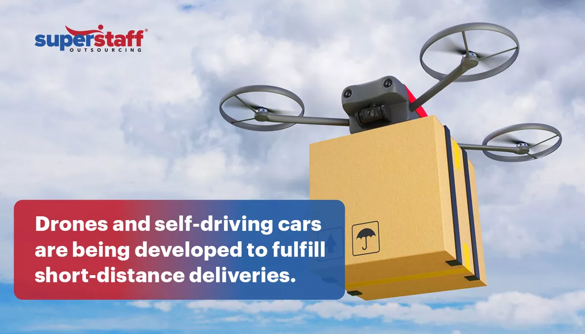 Drones-and-self-driving-cars A drone for a logistics company is delivering a box.
