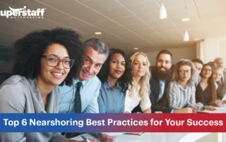 An image shows about 9 Colombian executives smiling. The caption reads Top 6 Nearshoring best practices.