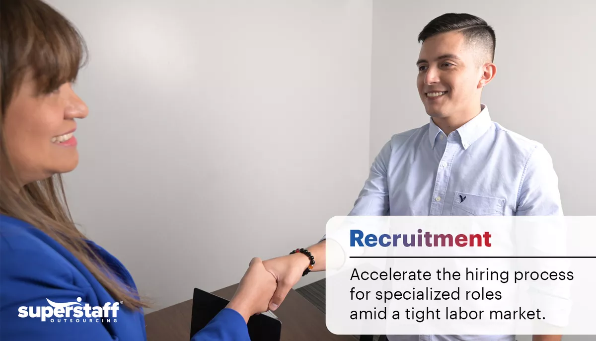 Recruitment A recruiter shake hands with an applicant. Recruitment process outsourcing is one tasks when outsourcing pharma functions from a BPO.