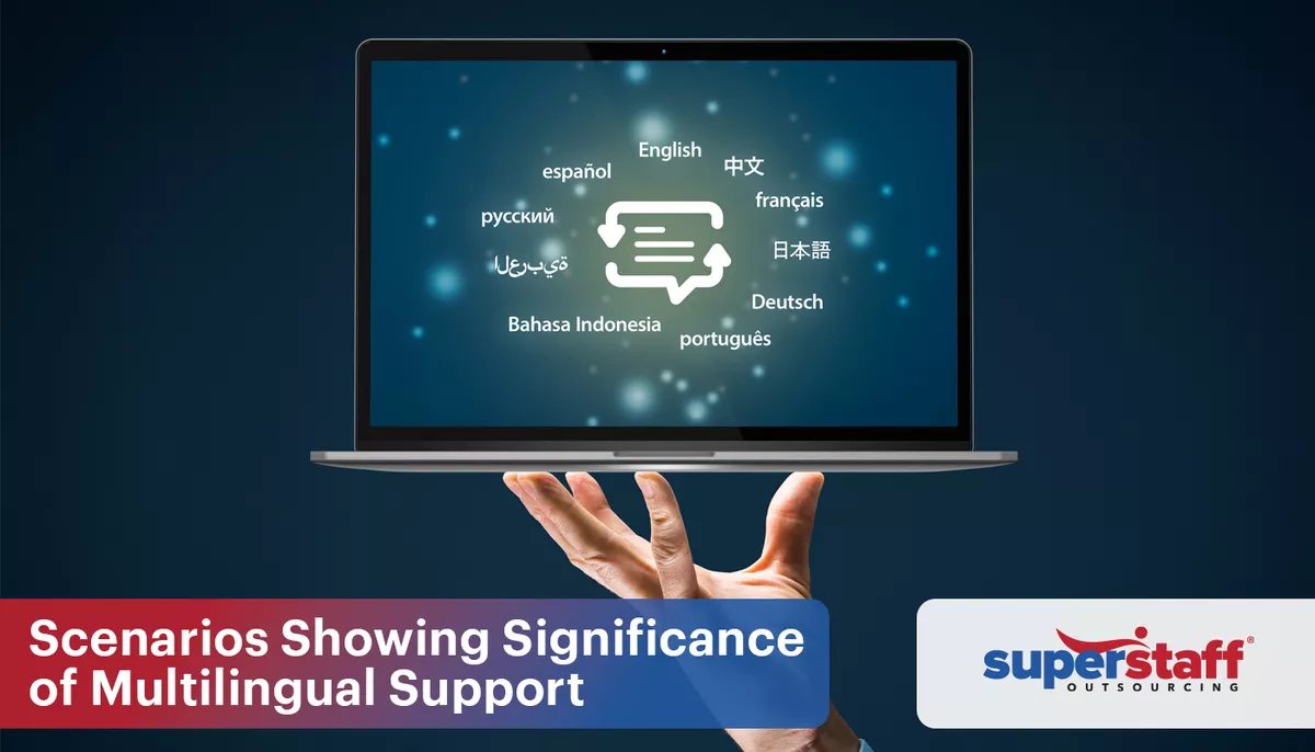 Scenarios-Showing-Significance-of-Multilingual-Support A laptop showing different languages signifying the importance of multilingual customer support and how it can benefit Florida's Medicaid system.