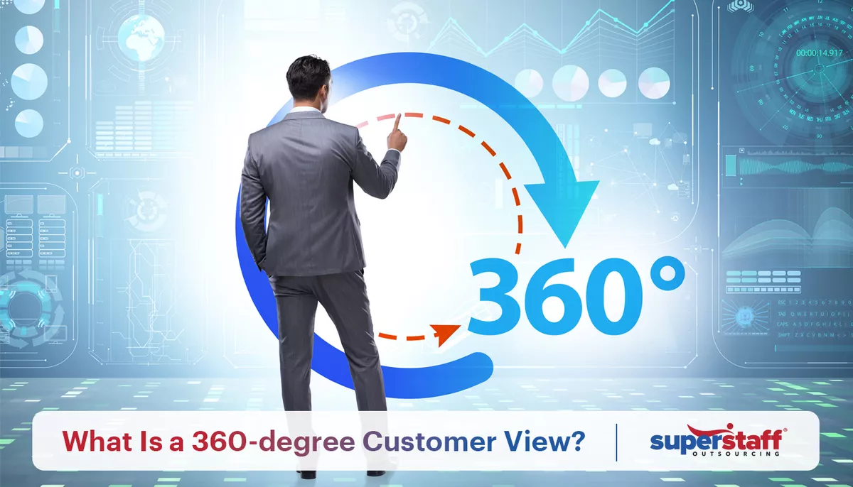 What-Is-a-360-degree-Customer-View A man has his back on the camera, as he points to a 360-degree customer experience sign on the wall.