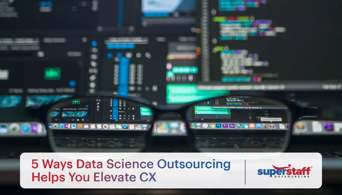 5-Ways-Data-Science-Outsourcing–Helps-You-Elevate-CX In the image is a screen displaying different codes and charts. It also shows the title of the blog, "The Future of CX: 5 Ways Data Science Outsourcing Helps You Boost Customer Experience."