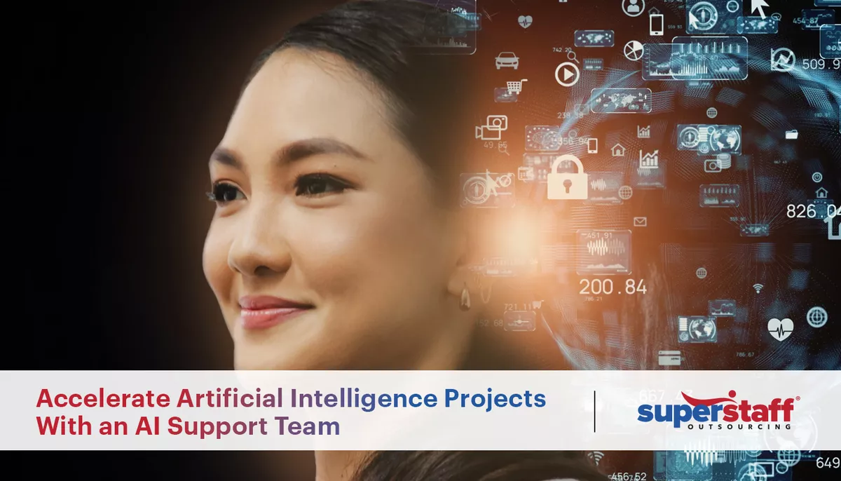 Accelerate-Artificial-Intelligence-Projects–With-an-AI-Support-Team A SuperStaff executive smiles. The image caption reads: Accelerate Artificial Intelligence Projects With an AI Support Team