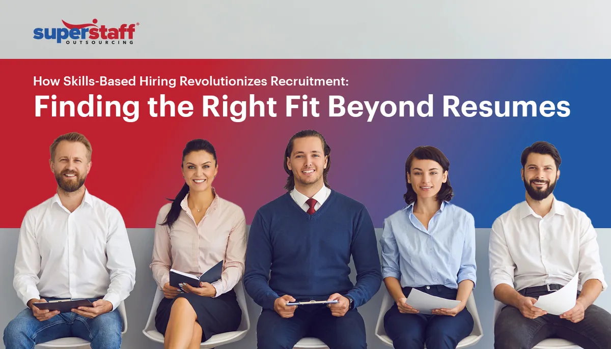 Finding-the-Right-Fit-Beyond-Resumes Five applicants wait to be interviewed. Image caption says: 4 Ways Skills-Based Hiring Revolutionizes Recruitment.