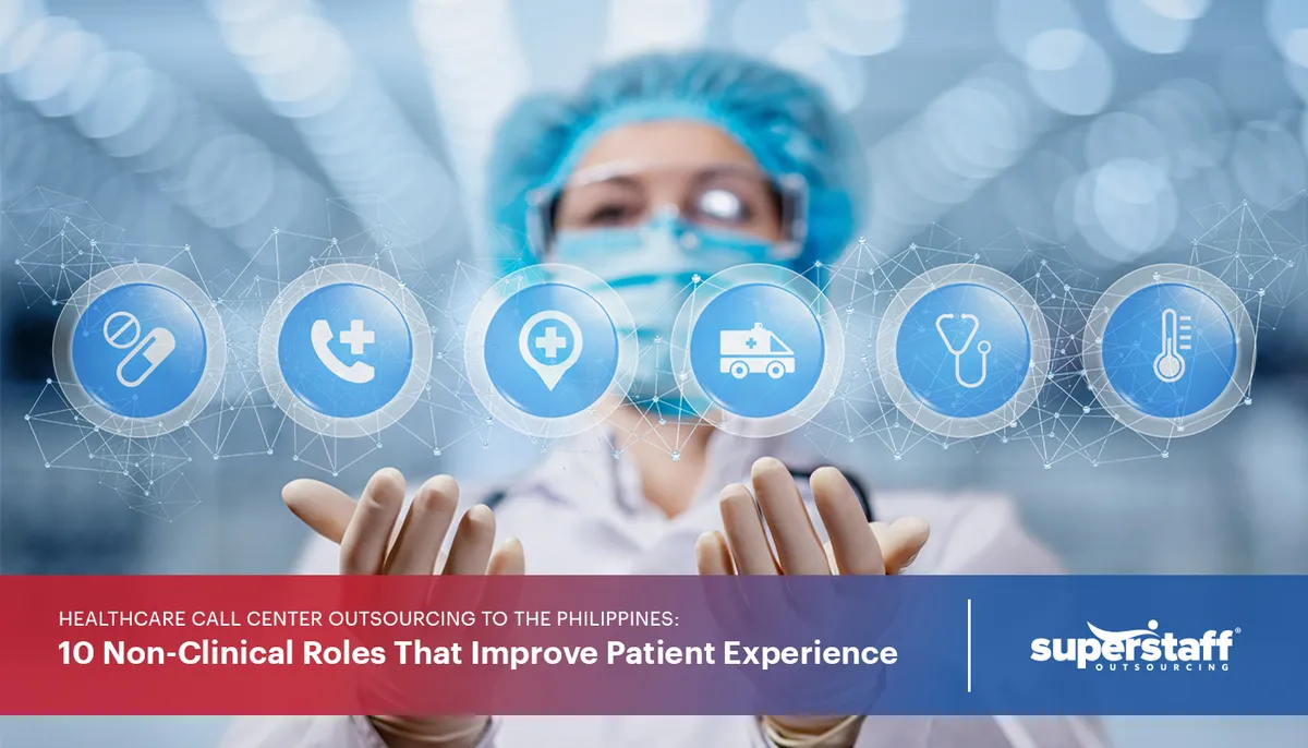 10-Non-Clinical-Roles-That-Improve-Patient-Experience A doctor chooses from different digital medical icons. Image caption says: Specialty Healthcare Call Center Outsourcing to the Philippines: 10 Non-Clinical Roles That Help Improve Patient Experience