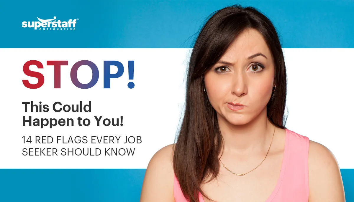 14-Red-Flags-Every-Job-Seeker-Should-Know A girl raises her eyebrows. Image caption says: Red Flags Every Job Seeker Should Know