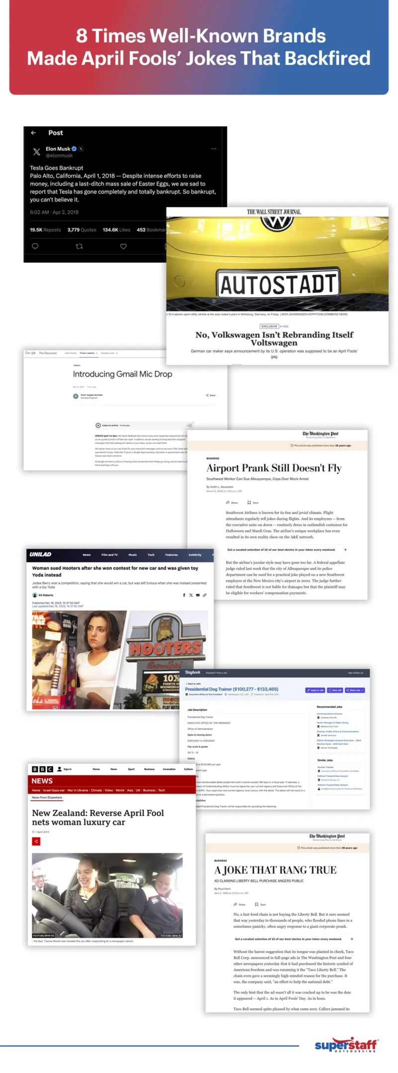 8-Times-Well-Known-Brands-Made-April-Fools’-Jokes-That-Backfired A collage of news headlines show big brands that pulled off failed April Fools' Day prank.