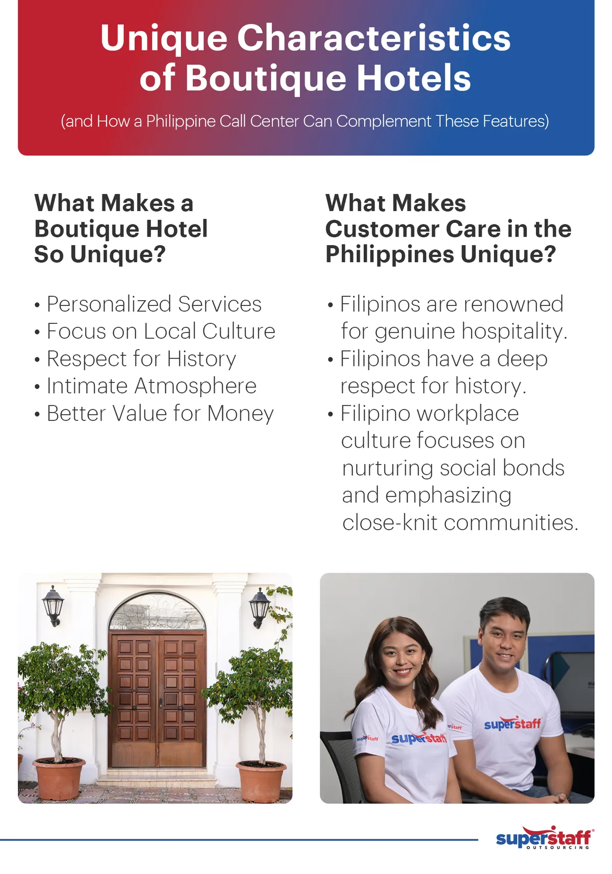 A mini infographic shows how Filipino traits compliment the unique qualities of boutique hotels.