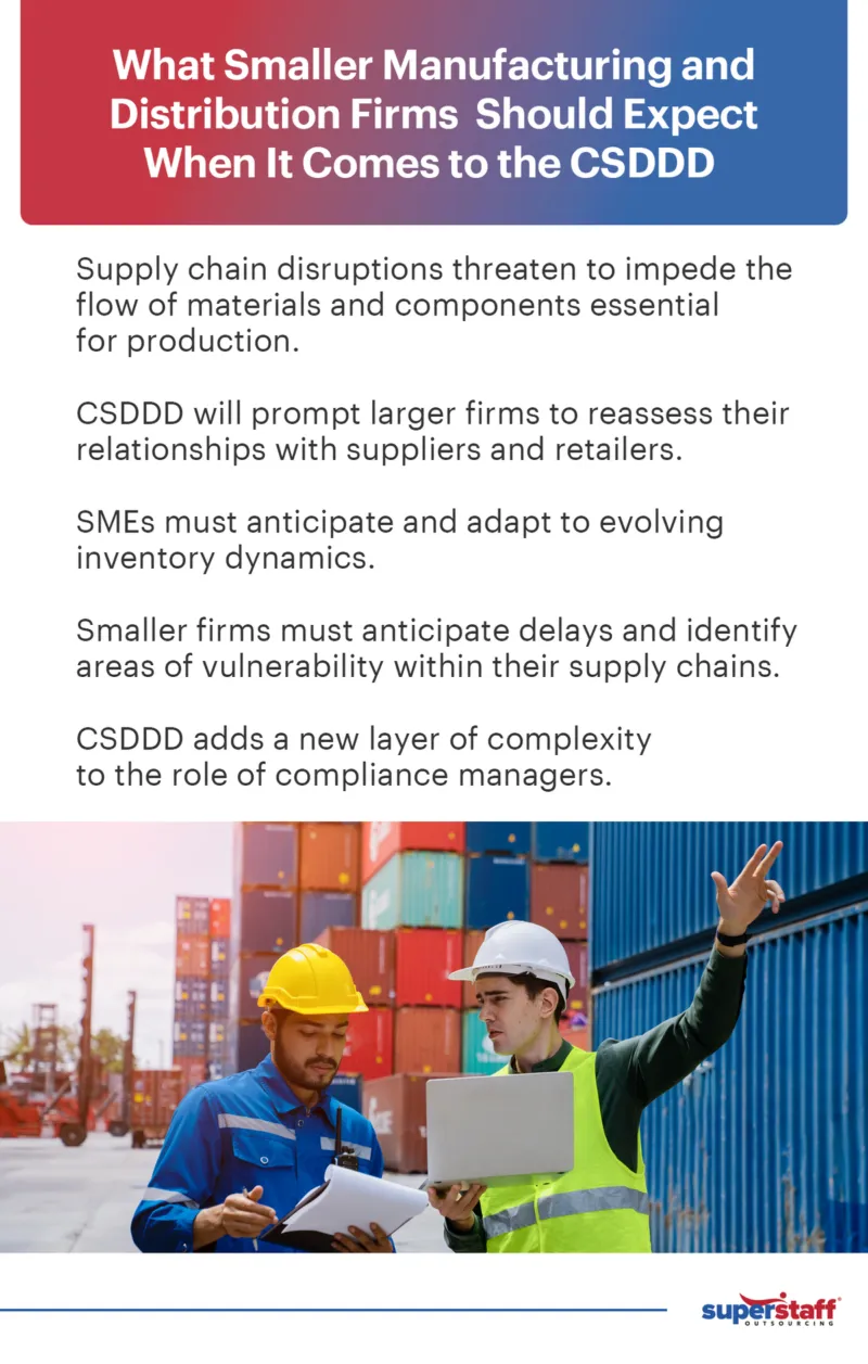 What-Smaller-Manufacturing-and-Distribution-Firms–Should-Expect-When-It-Comes-to-the-CSDDD An infographic lists the expectations of small manufacturing and distribution firms when it comes to CSDDD.