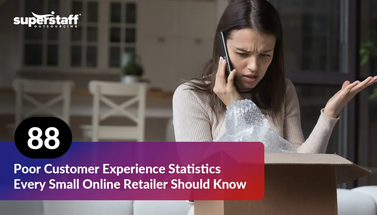 88-Poor-Customer-Experience-Statistics–Every-Small-Online-Retailer-Should-Know An image showing an irate customer on the phone., with the title of the blog, "88 Poor Customer Experience Statistics That Every Small Online Retailer Should Know."
