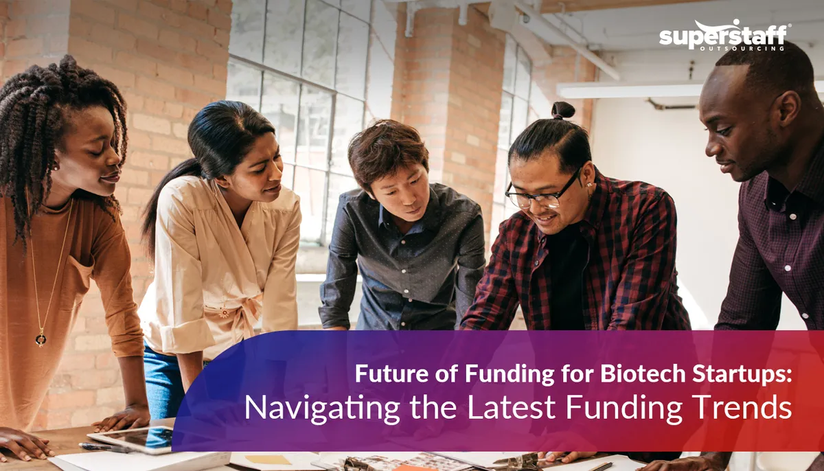 Future-of-Funding-for-Biotech-Startups Four biotech startups founders attend a meeting. Image caption reads: Future of Funding for Biotech Startups: Navigating the Latest Funding Trends.