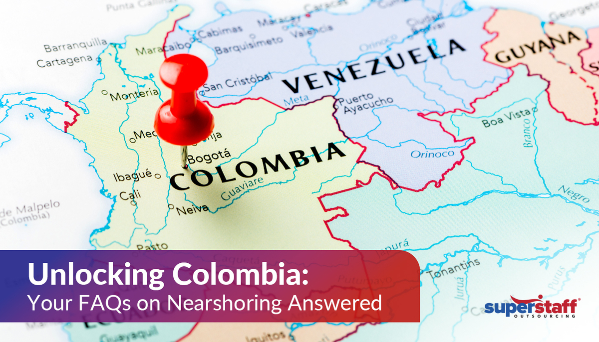 Unlocking-Colombia-Your-FAQs-on-Nearshoring-Answered A red pin on Colombian map. Image caption reads: Unlocking Colombia: Your FAQs on Nearshoring Answered
