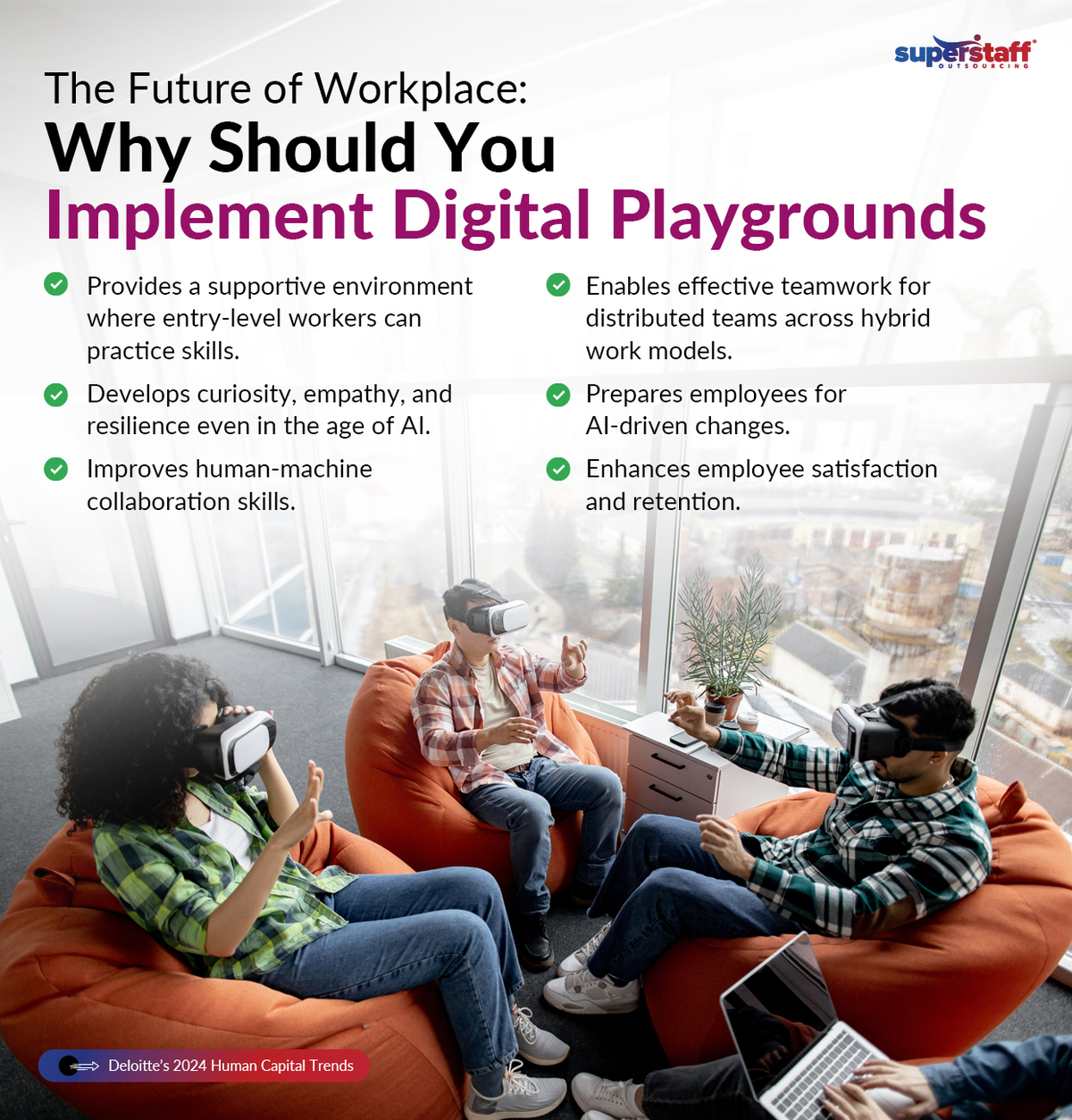 Digital-Playgrounds-in-the-Workplace_Mini-Info_2 Three employees play with virtual reality gadgets. Image caption reads: Why Should You Implement Digital Playgrounds