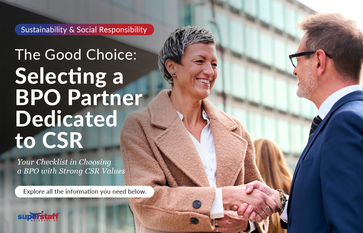 The-Good-Choice-How-To-Select-a-BPO-Partner-Dedicated-to-Corporate-Social-Responsibility-(CSR)_Featured Two executives joined hands while smiling at each other. Image caption reads: How to Choose a BPO partner Dedicated to CSR