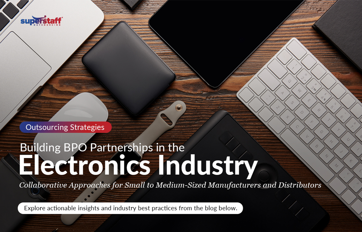 Building-BPO-Partnerships-in-the-Electronics-Industry_Featured Different gadgets are on the table. Image caption reads: BPO partnerships in the Electronics Industry.