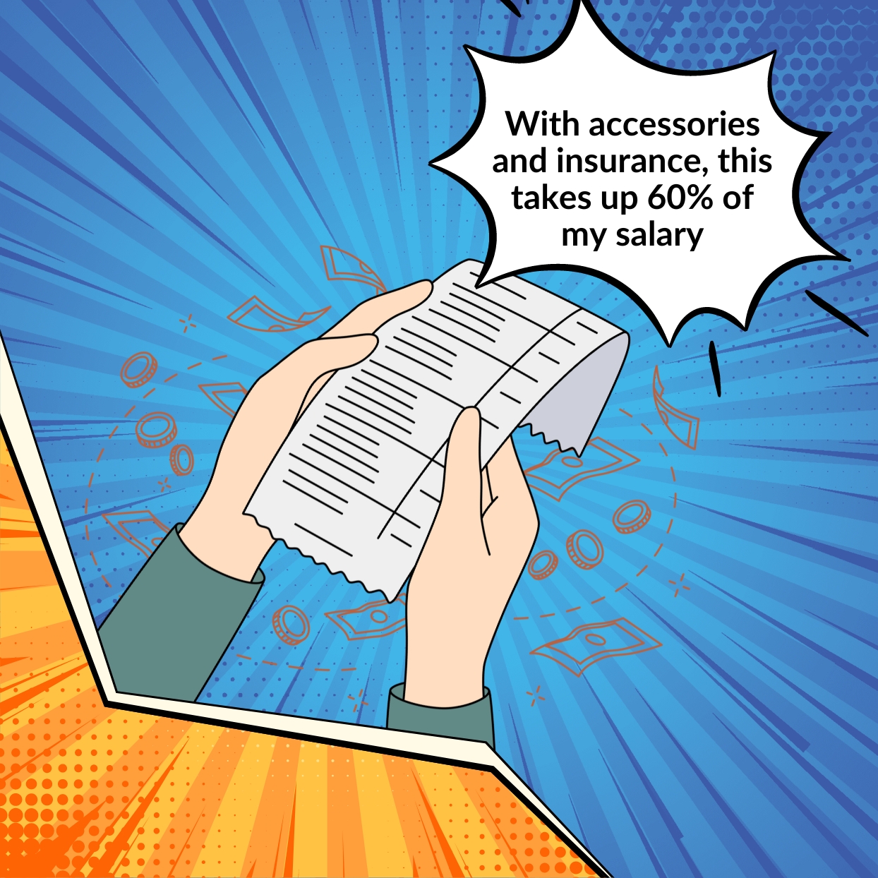 Avoiding_Common_Debt_Traps_Mini_Info_1-2 A panel of a comic strip on how debt traps begin.