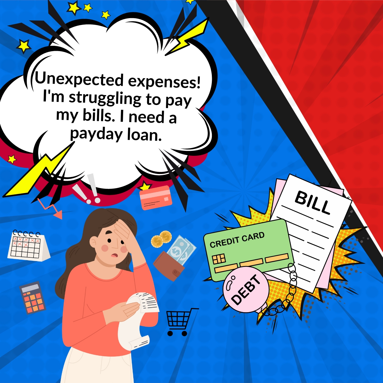 Avoiding_Common_Debt_Traps_Mini_Info_1-4 Third panel of a comic strip about how debt strap begins.