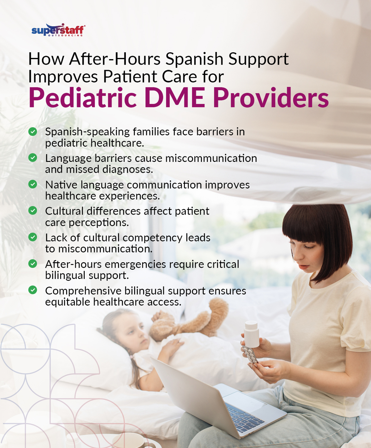 Enhancing-Pediatric-DME-&-Pharmaceutical-Services_Mini-Info-1 A mother takes care of her sick kid while speaking to an online Customer Support in Spanish.
