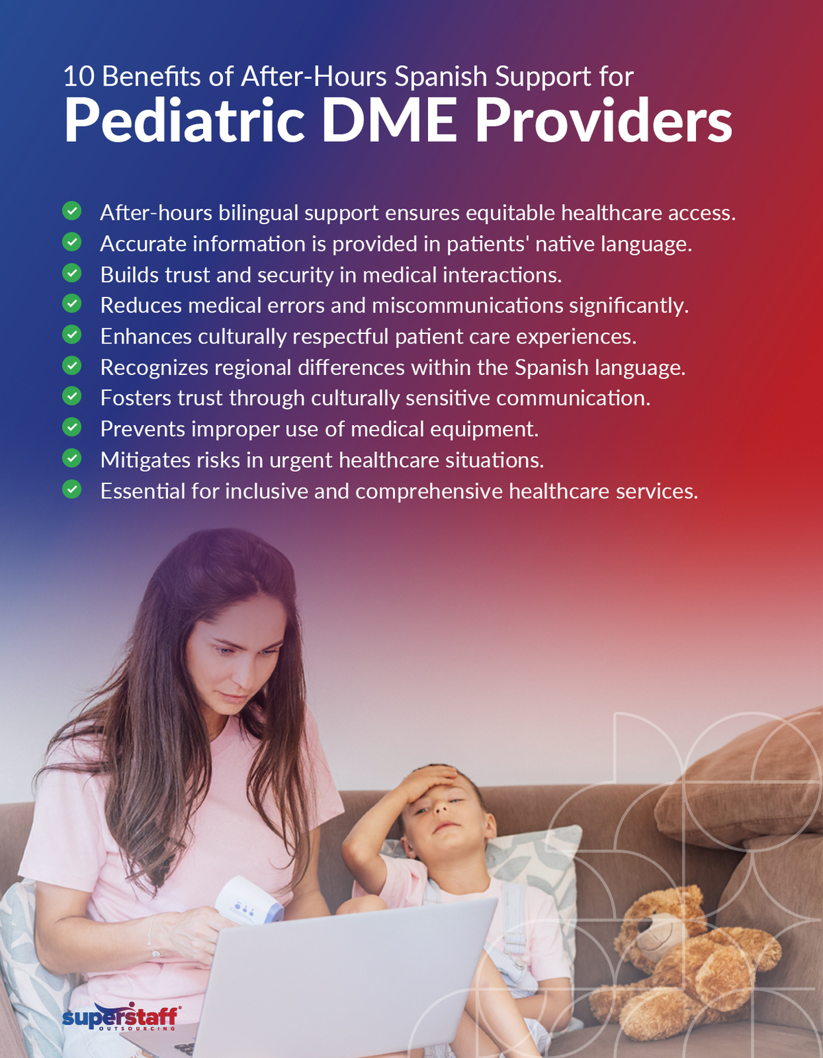 Enhancing-Pediatric-DME-&-Pharmaceutical-Services_Mini-Info-2 A mother sits beside her sick kid while speaking to customer support in Spanish.