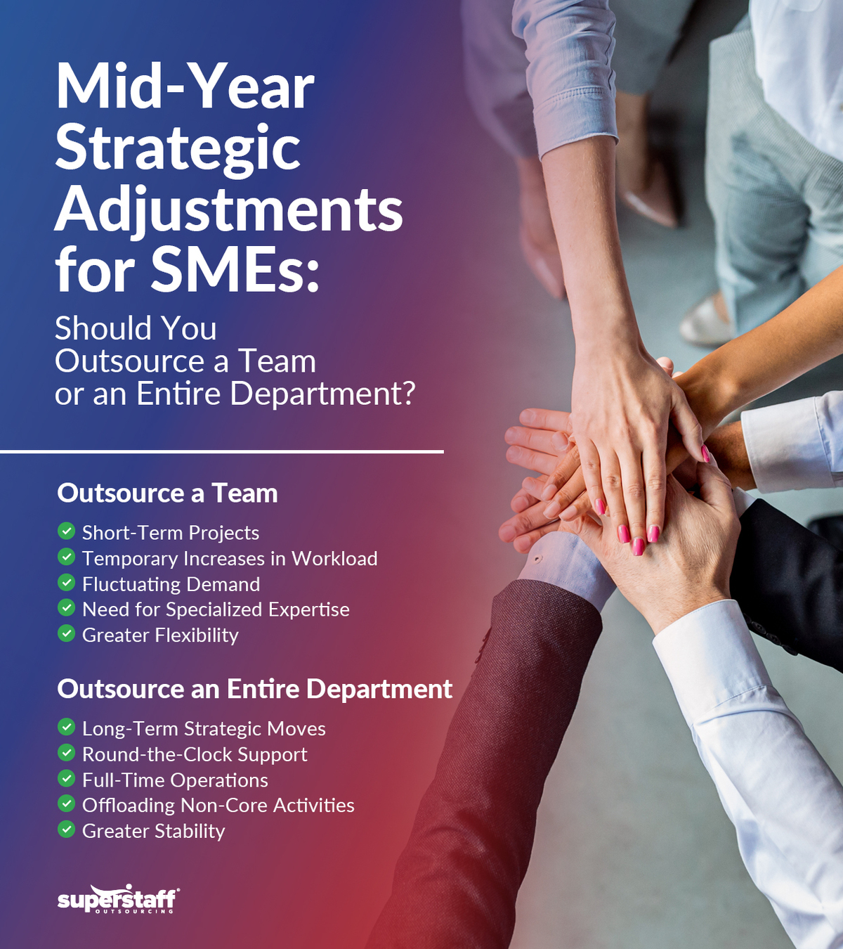 Mid-Year-Review-for-SMEs_Mini-Info-2 Different team members joined hands together. The infographic shows different points to consider when outsourcing a team or entire department.