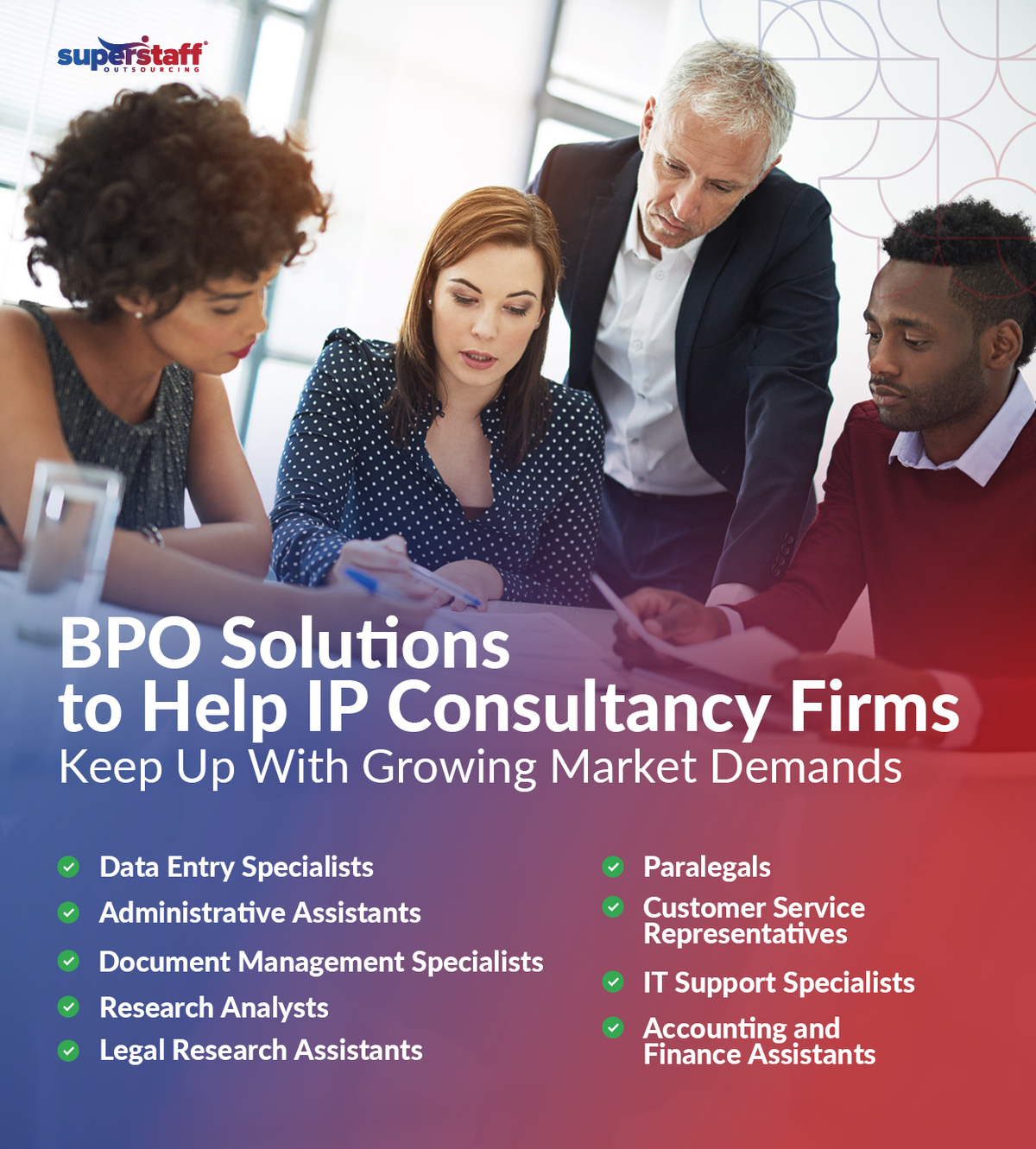 The-State-of-IP-and-Trademark-Protection-for-IP-Consultancy-Firms_Mini-Info-1-1 IP experts are in a meeting. Image caption reads: BPO Solutions for IP Firms