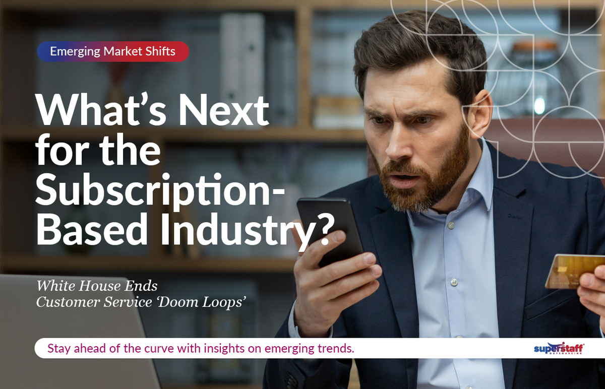 White-House-Ends-Customer-Service-Doom-Loops_Featured A customer holds his credit card, shocked. Image caption reads: White House Ends Customer Service Doom Loops for the Subscription-based industry.