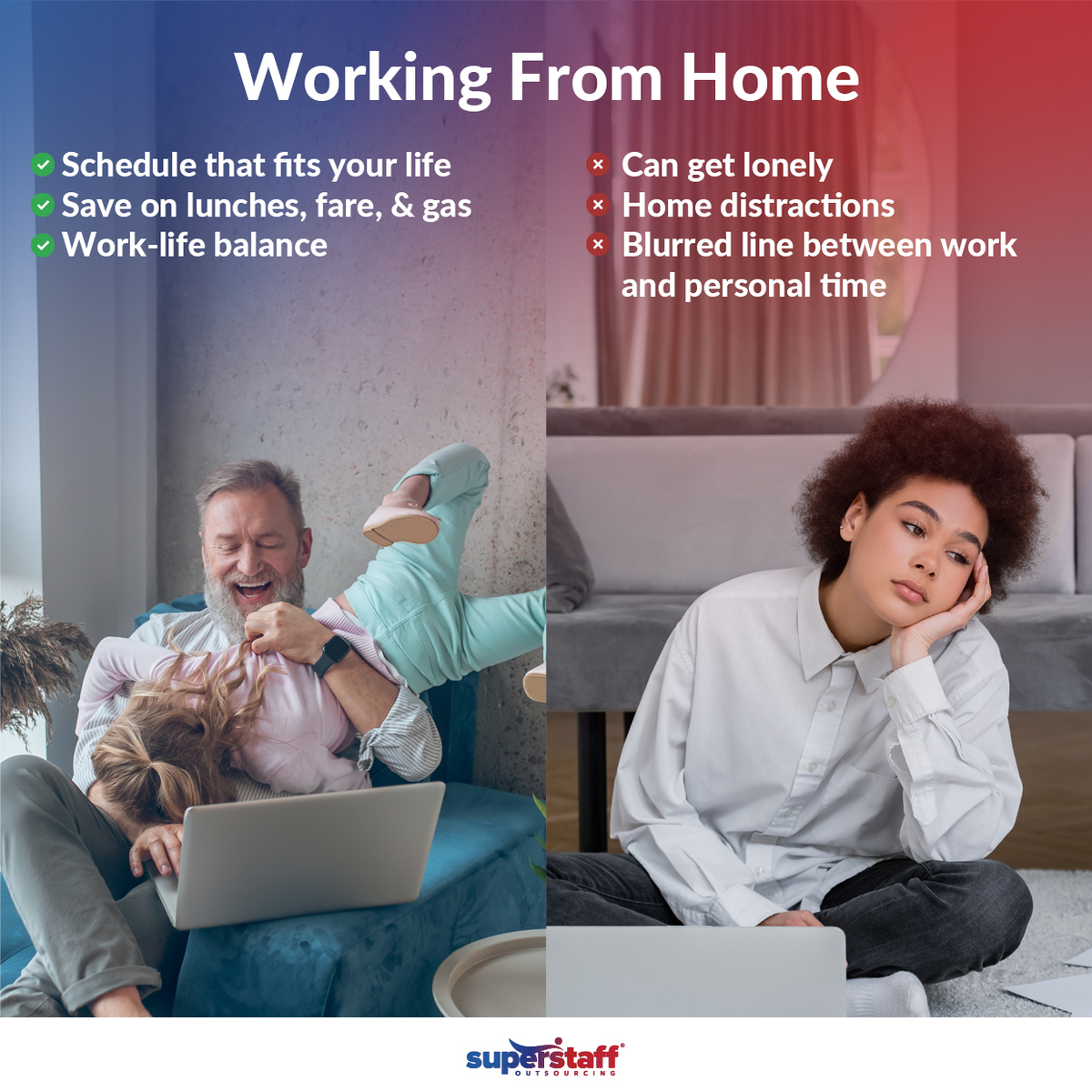 Work-From-Home-Jobs-vs.-On-Site-vs.-Hybrid_Images-1 Split image of a father playing with his kid and a young woman bored. Both are working from home.