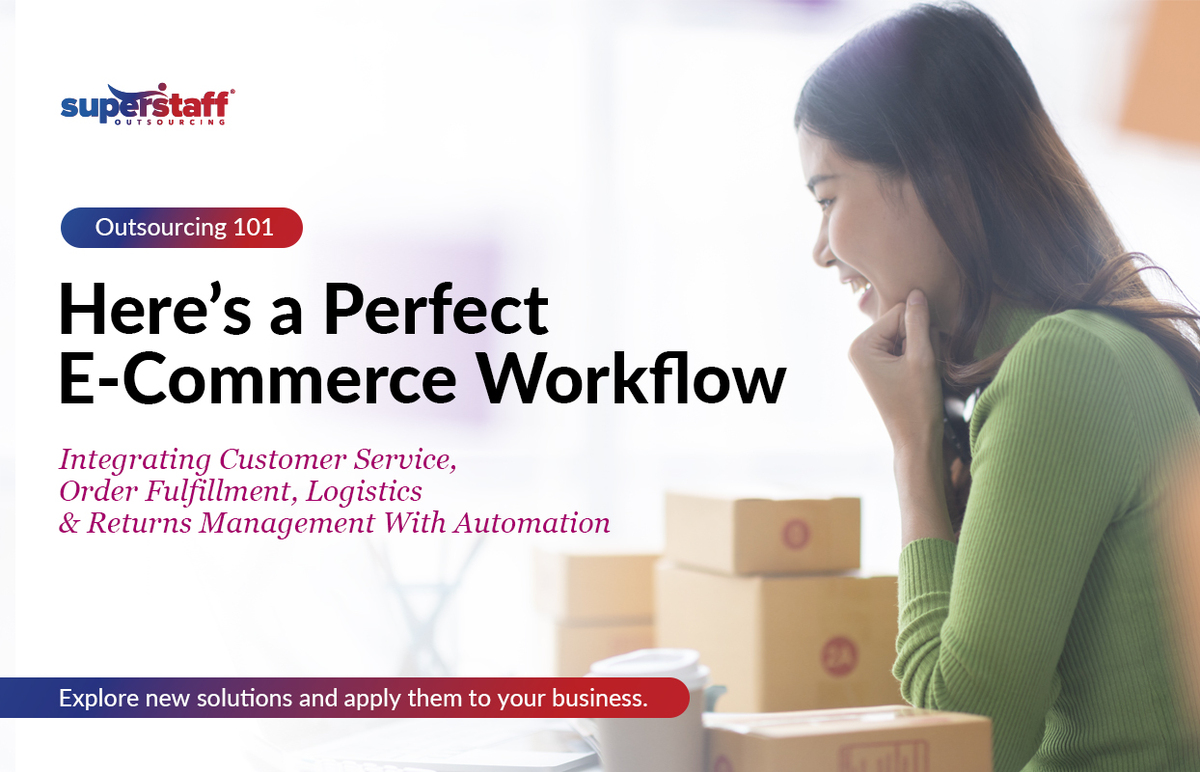 The-Perfect-E-Commerce-Workflow_Featured An e-commerce entrepreneur sorts out packages. Image caption reads: Here's a Perfect E-Commerce Workflow.