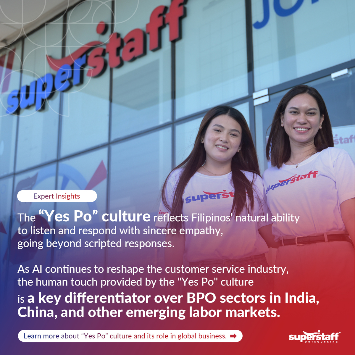 Our-_Yes-Po_-Culture_IQ Two SuperStaff employees stand in from of the company's BPO Philippines office.