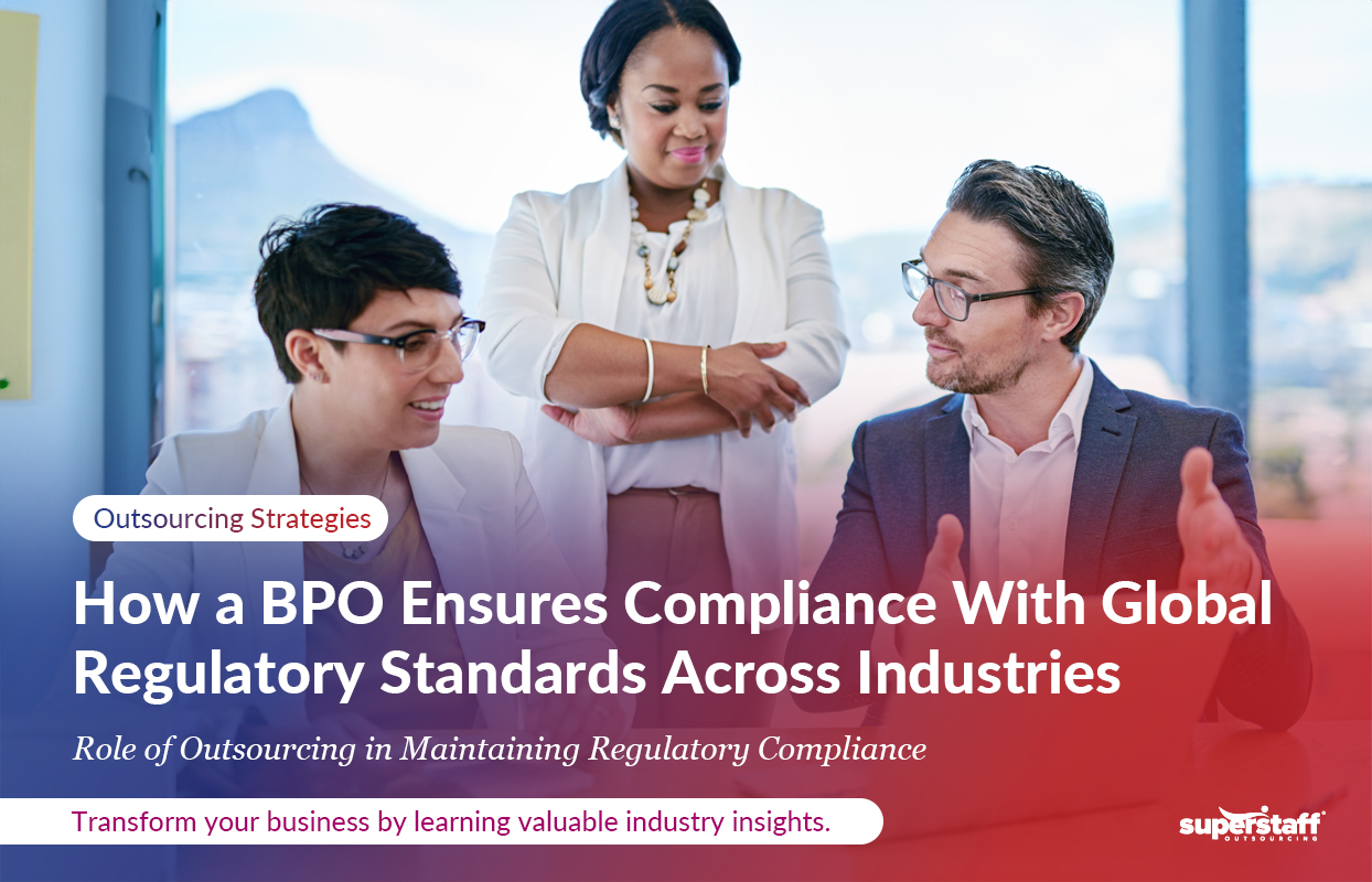 How-a-BPO-Ensures-Compliance-With-Global-Regulatory-Standards-Across-Industries_Featured The image shows a modern office workspace with a diverse team of professionals collaborating, emphasizing streamlined processes and robust BPO compliance practices.