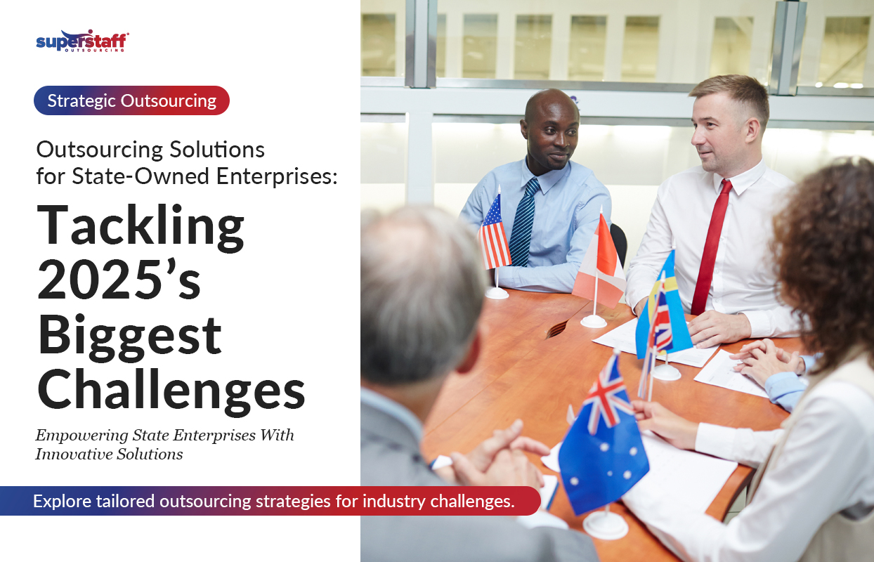Outsourcing-Solutions-for-State-Owned-Enterprises_Featured The image shows a diverse team in a meeting with international flags representing global collaboration. The text reads "Strategic outsourcing solutions for state owned enterprises:"