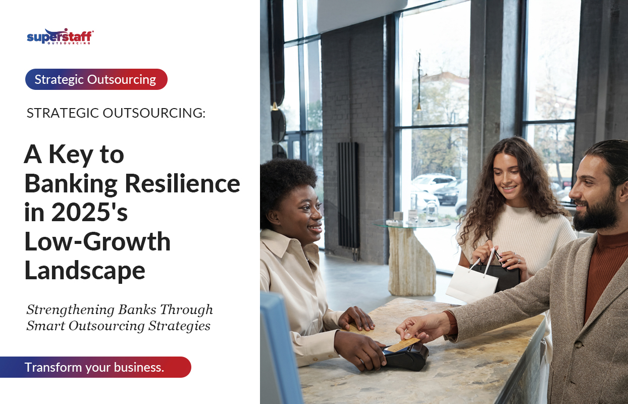 Strategic-Outsourcing_Featured The image features a professional setting in the banking industry. On the left, text highlights the topic: "Strategic Outsourcing: A Key to Banking Resilience in 2025's Low-Growth Landscape."