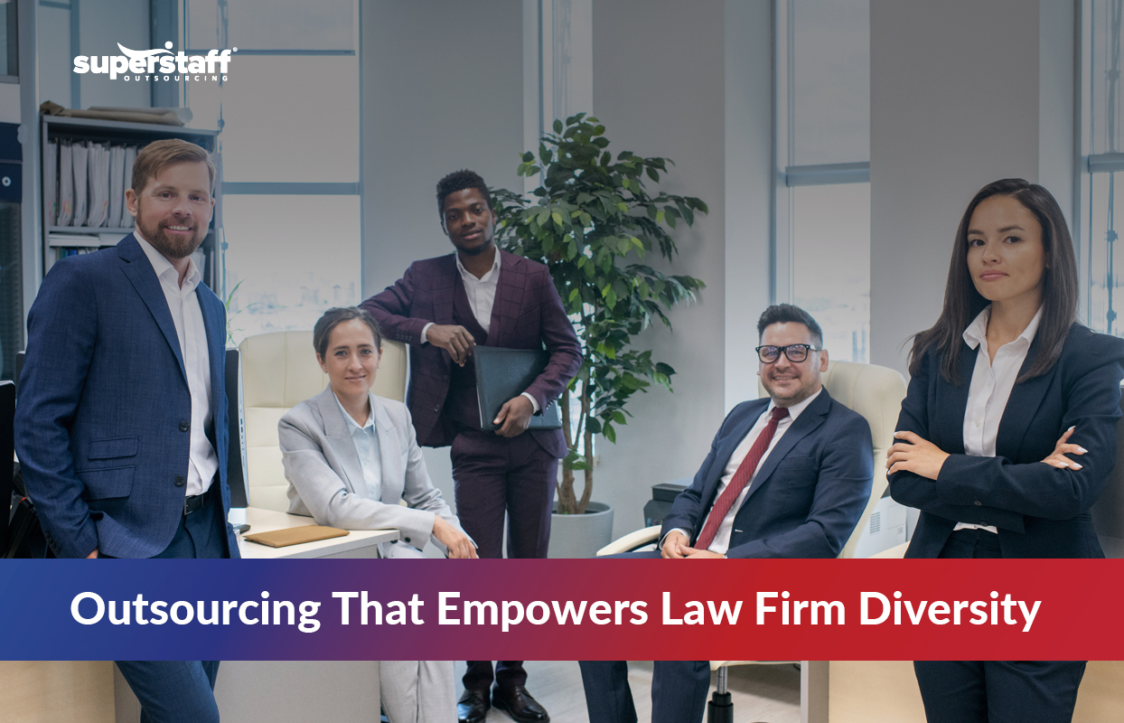 Legal-Process-Outsourcing-(LPO)_Featured Diverse team of legal professionals in a modern office representing how Legal Process Outsourcing supports inclusive and collaborative law firm environments.