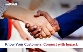 The image shows a close-up of two people shaking hands, symbolizing trust and connection. One person has a darker skin tone and is wearing a dark blue suit, while the other has a lighter skin tone and is wearing a white long-sleeved shirt. The background is blurred, with hints of people and movement, suggesting a professional or business setting. The **SuperStaff Outsourcing** logo is placed in the top left corner. Below the handshake, a bold message reads: "Know Your Customers. Connect with Impact." The image conveys the importance of understanding and building relationships with the right buyer persona to create meaningful business connections.