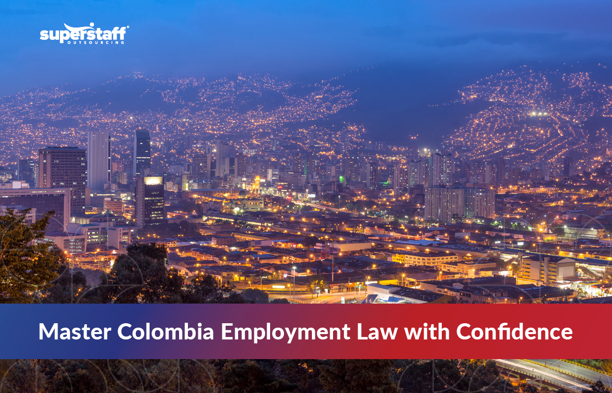 Navigating-Colombian-Employment-Laws_Featured Night view of Medellín’s cityscape symbolizing the growing business landscape and the importance of understanding Colombia employment laws for compliant outsourcing operations.
