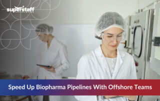 Medical worker in lab with text offshoring in biopharma