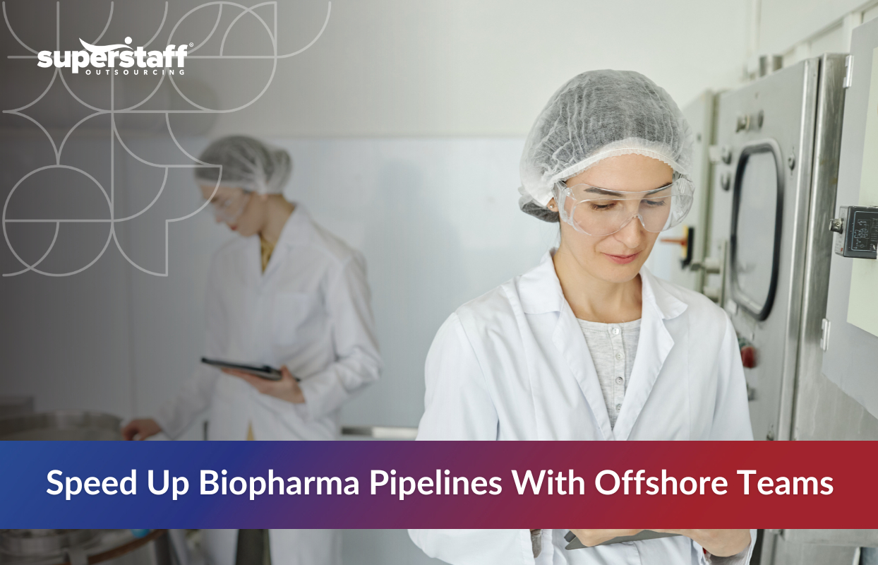 Biopharma Outsourcing_Featured Medical worker in lab with text offshoring in biopharma