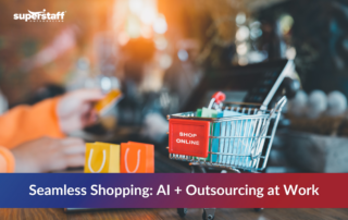 Mini shopping cart in front of a laptop, symbolizing conversational commerce through AI and outsourcing for seamless online shopping.