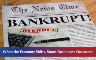 A newspaper headline reading "Bankrupt" and "Overdue" with a calculator and pen in the frame, symbolizing financial distress. Overlaid text reads: “When the Economy Shifts, Smart Businesses Outsource.” This visual emphasizes the importance of future-proofing business operations through outsourcing during economic downturns.