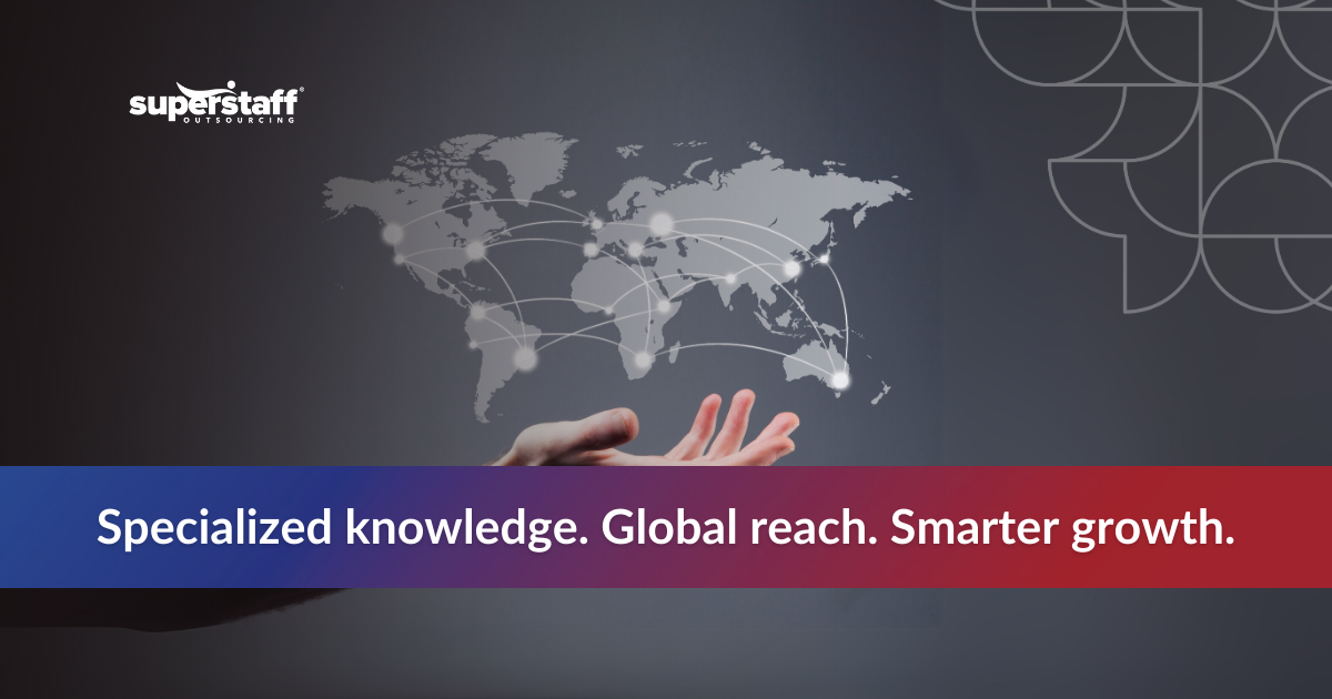 A hand reaching out towards a digitally outlined world map, symbolizing global expertise in outsourcing.