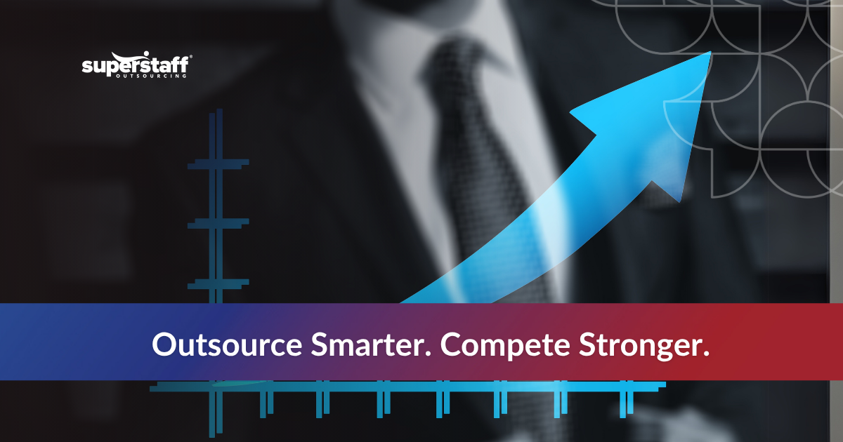 Cost Efficiency to Competitive Edge_Featured Professional image showcasing a businessman with an upward arrow and the text "Outsource Smarter. Compete Stronger."